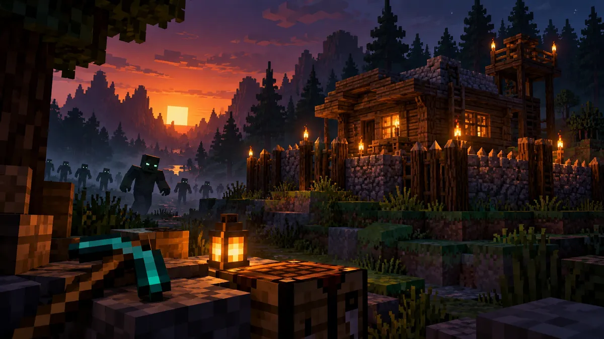 AI-generated concept cover: undead approaching a barricaded block cabin at dusk; not gameplay