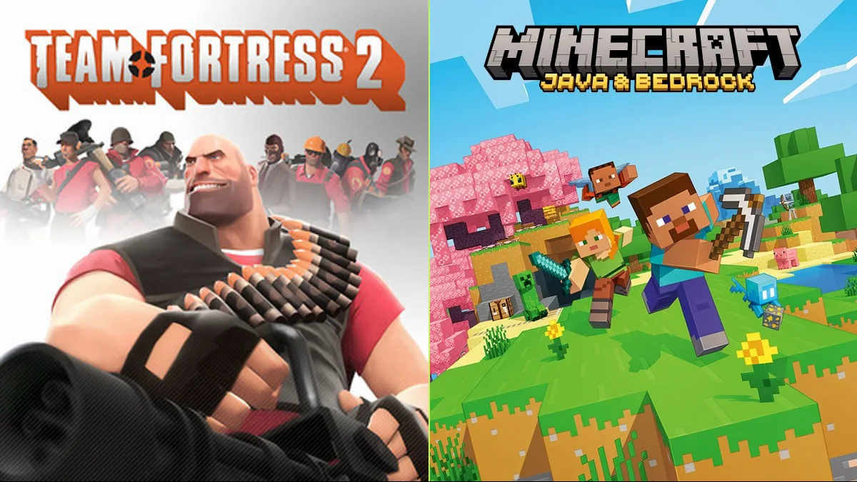 Cover pairing: Team Fortress 2 on the left; Minecraft on the right. Original games, not mashup gameplay.