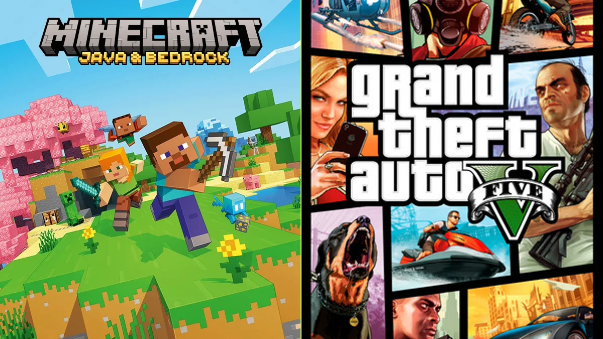 Cover pairing: Minecraft on the left; Grand Theft Auto V on the right. Original games, not mashup gameplay.