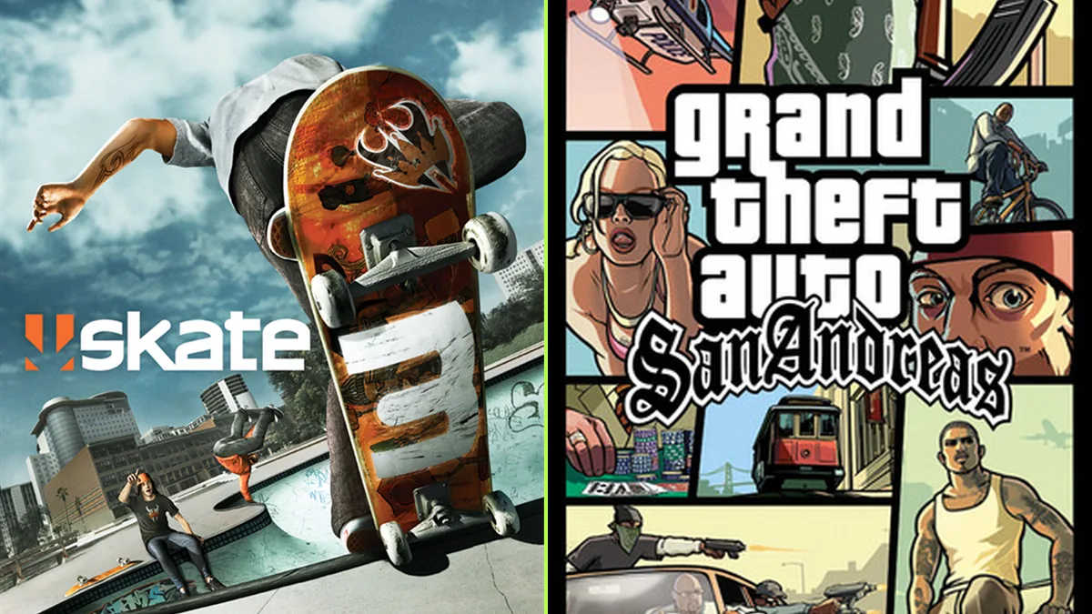 Cover pairing: Skate 3 on the left; Grand Theft Auto: San Andreas on the right. Original games, not mashup gameplay.
