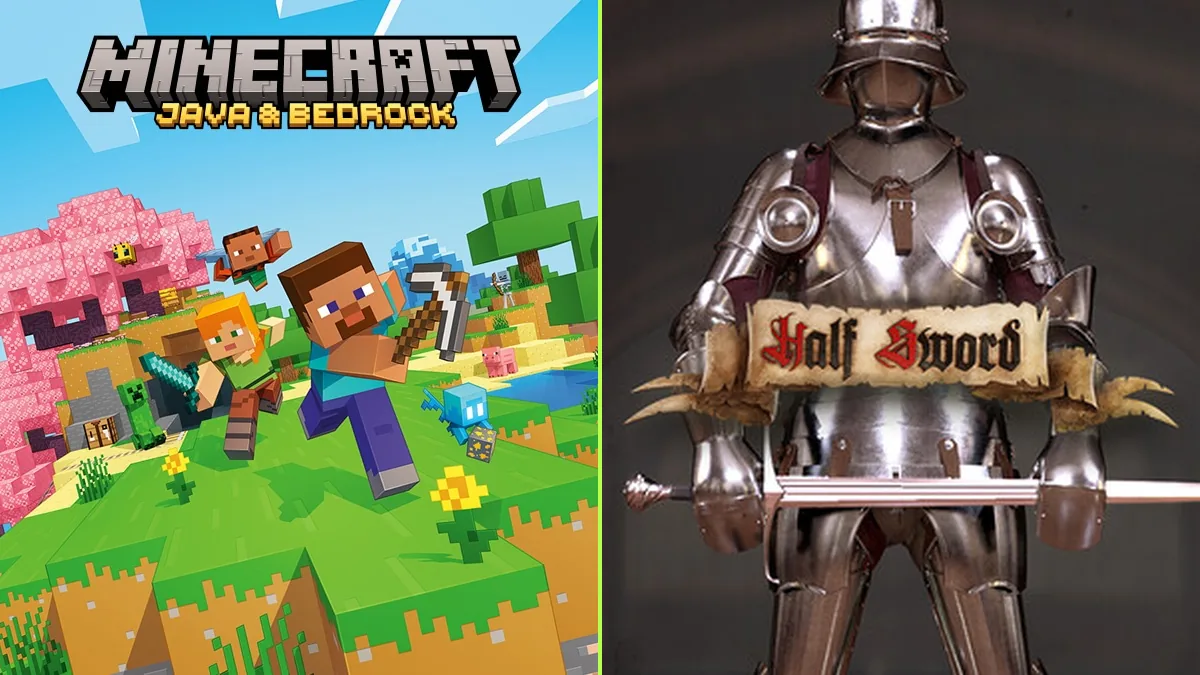 Cover pairing: Minecraft on the left; Half Sword on the right. Original games, not mashup gameplay.