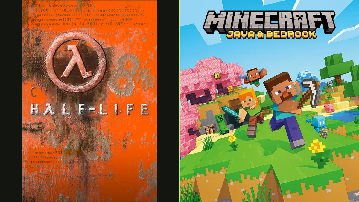 Cover pairing: Half-Life on the left; Minecraft on the right. Original games, not mashup gameplay.