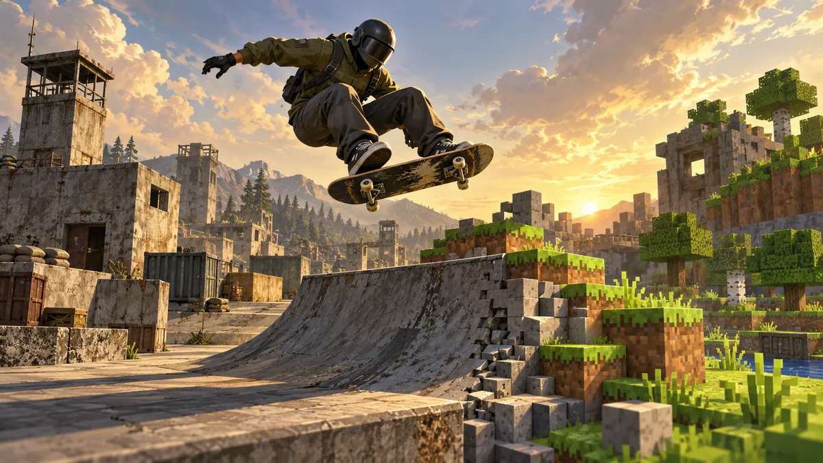 AI-generated concept cover: a skateboarder above a concrete ramp merging into a voxel block landscape; not gameplay