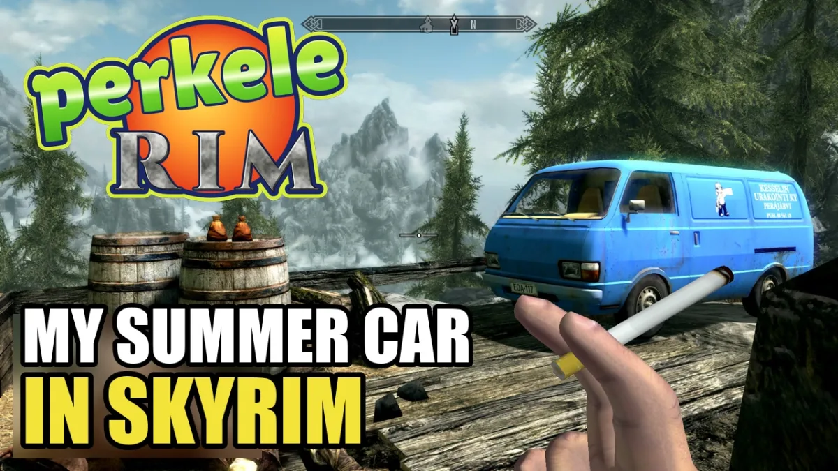 PerkeleRim creator trailer cover showing the Hayosiko van and My Summer Car controls inside Skyrim
