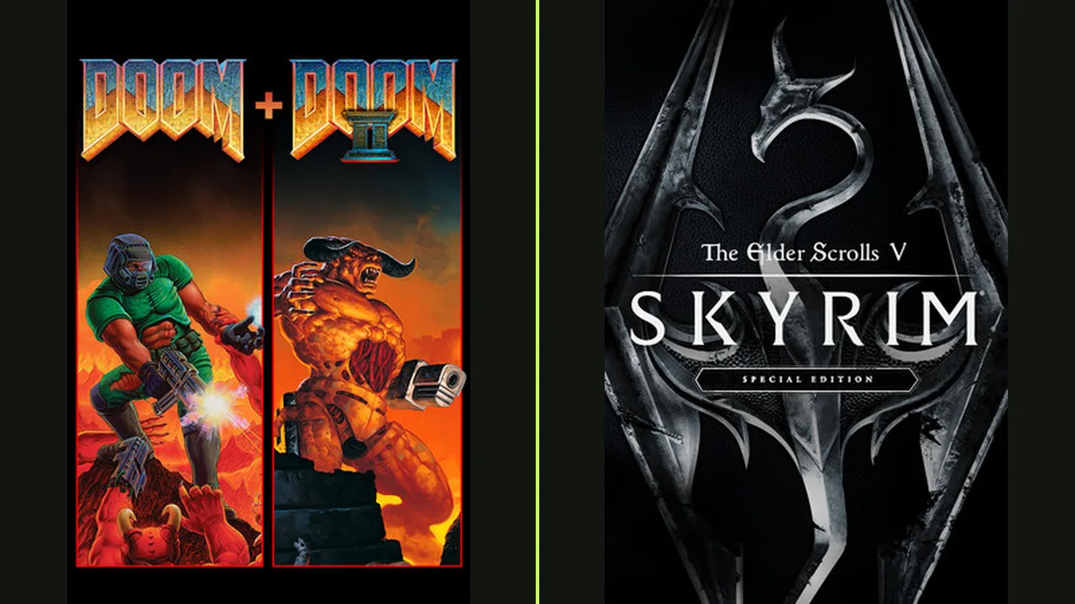 Cover pairing: DOOM on the left; Skyrim on the right. Original games, not mashup gameplay.