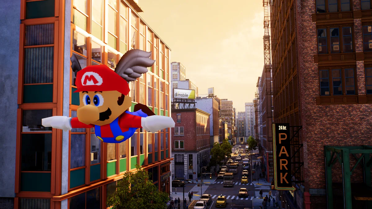 Mario flying through New York in the Mario Mode for Spider-Man 2 creator screenshot