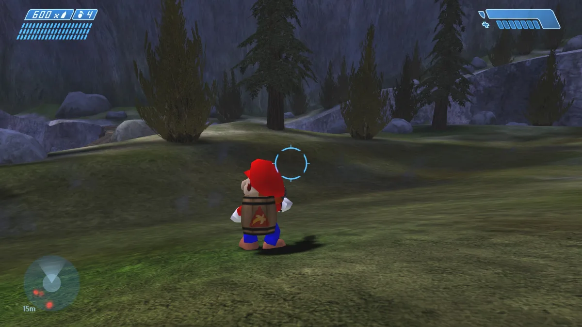 Mario stands in a Halo: Combat Evolved landscape with the Halo HUD in a creator screenshot