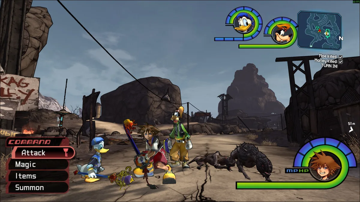 Sora, Donald and Goofy stand in Pandora with the Kingdom Hearts HUD in a creator screenshot
