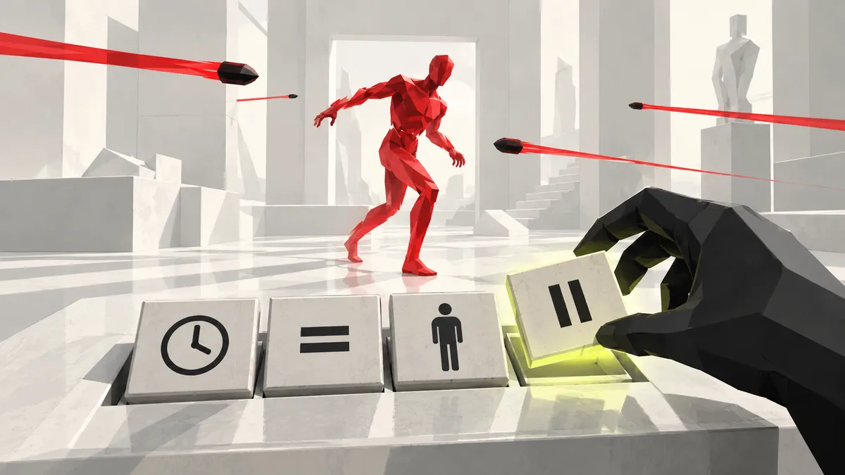 AI-generated concept cover: editable clock and rule tiles in a frozen red geometric action scene; not gameplay