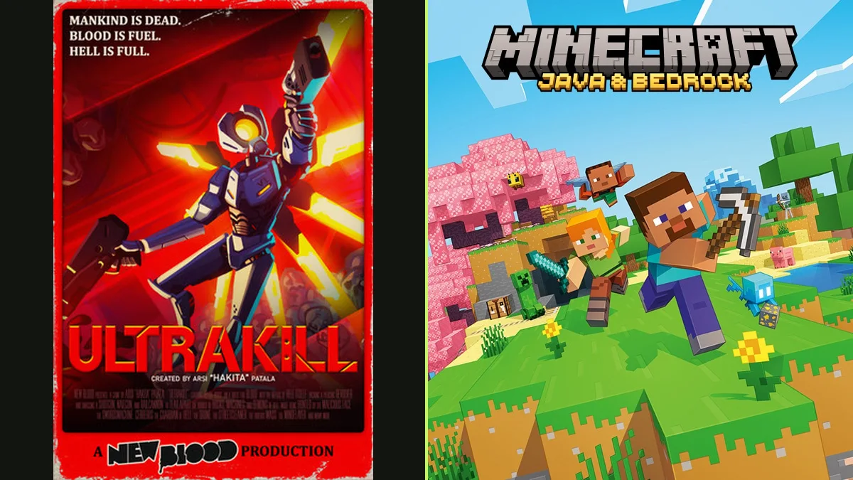 Cover pairing: ULTRAKILL on the left; Minecraft on the right. Original games, not mashup gameplay.