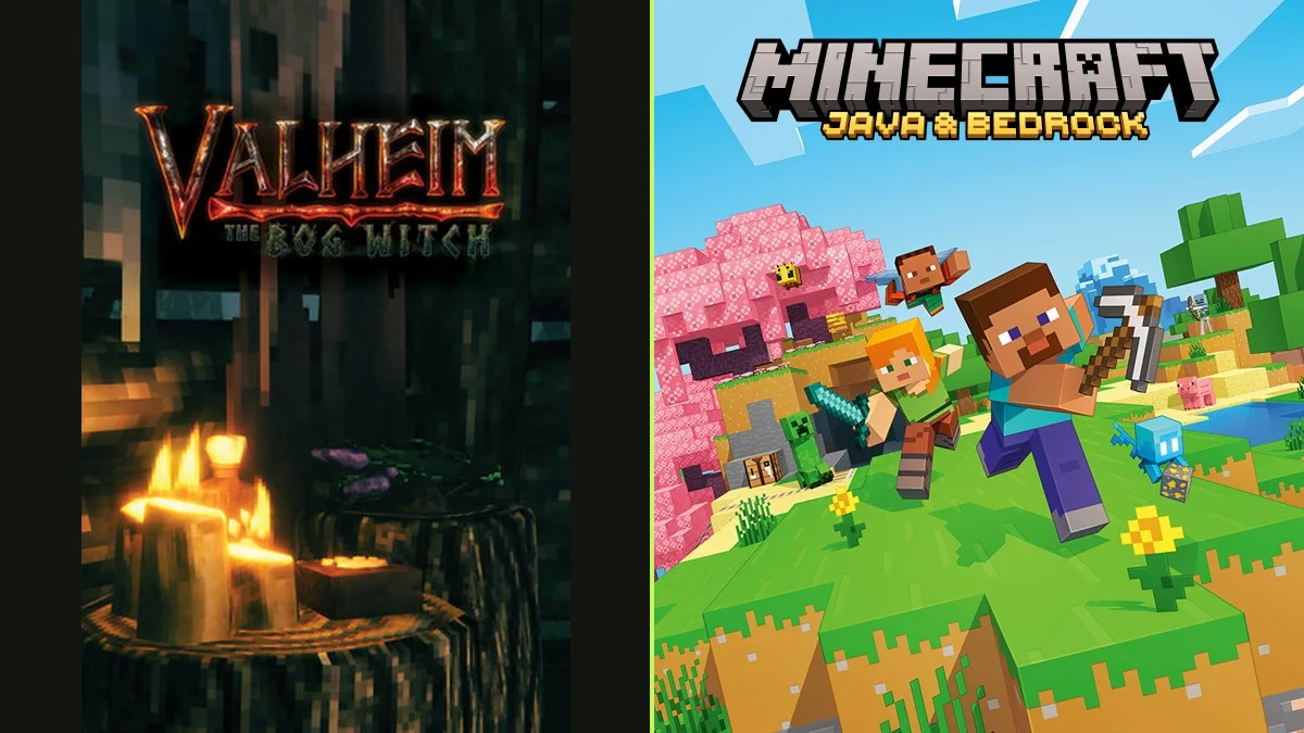 Cover pairing: Valheim on the left; Minecraft on the right. Original games, not mashup gameplay.