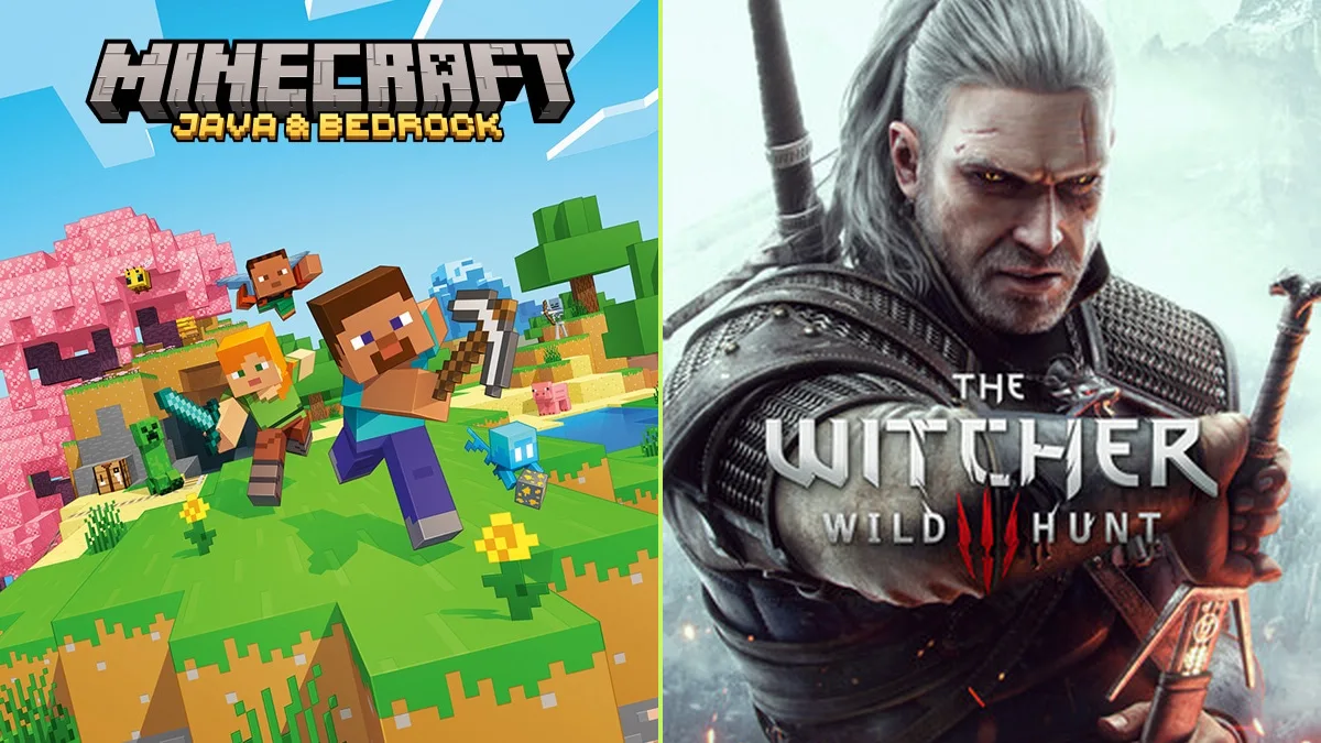 Cover pairing: Minecraft on the left; The Witcher 3 on the right. Original games, not mashup gameplay.