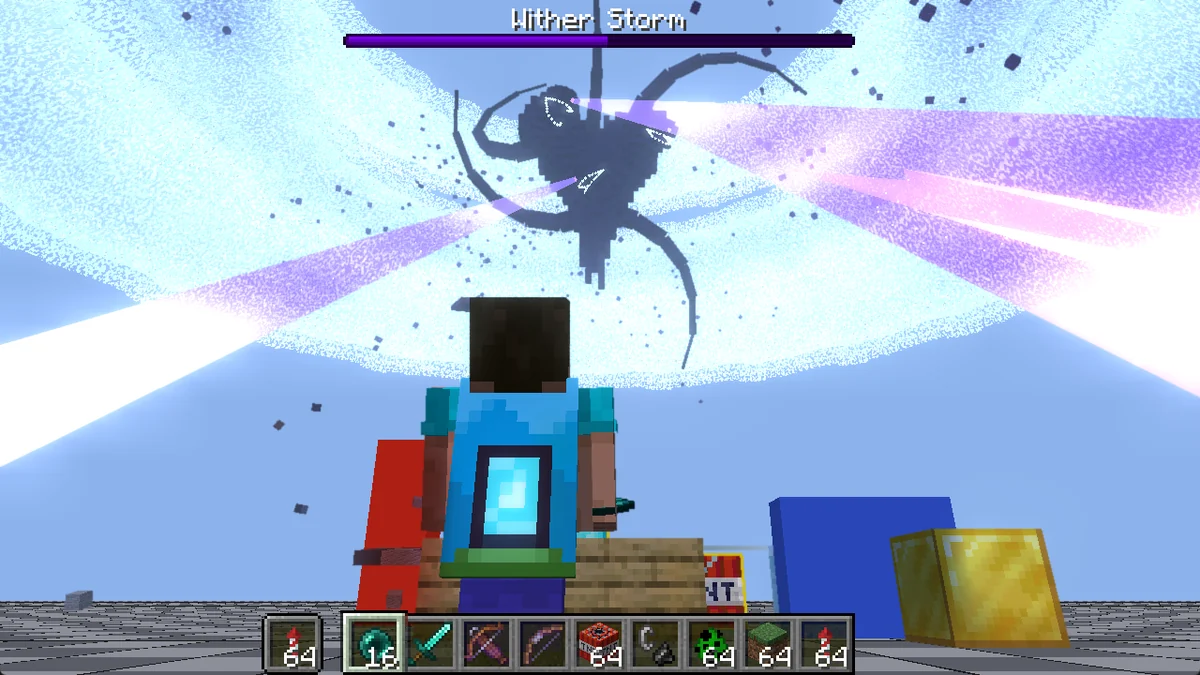 Wither Storm seen behind the Minecraft player in a development screenshot published by VortexisTV